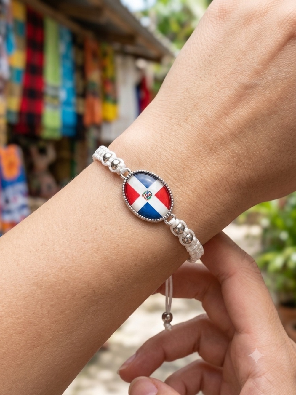 Dominican Republic Flag Braided white  Cord Bracelet Adjustable Patriotic